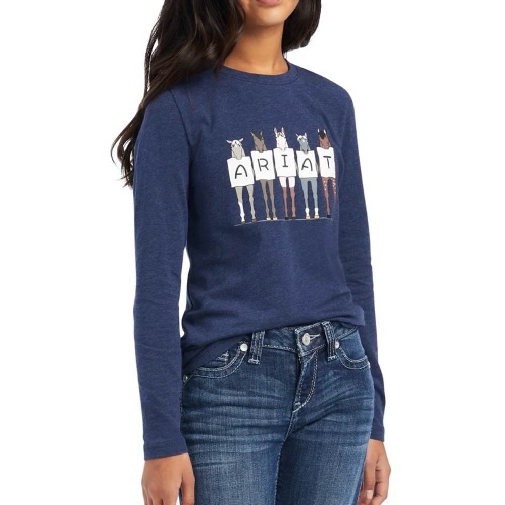 Ariat Fan Club Long Sleeve Graphic Tee Girls Youth M 10 Navy Heather Horses